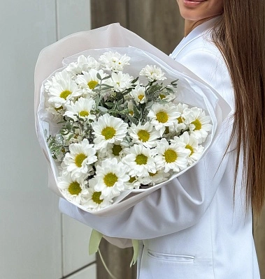 Букет из 5 кустовых хризантем с зеленью